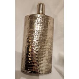 Vintage German Tin-Lined 12 oz Hammered Metal Hip Flask Engraved “Pablo Tried”